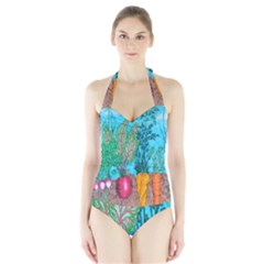 Mural Displaying Array Of Garden Vegetables Halter Swimsuit by Simbadda