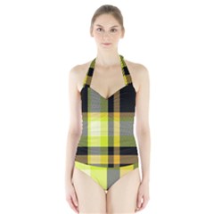 Tartan Pattern Background Fabric Design Halter Swimsuit