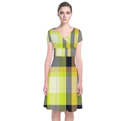 Tartan Pattern Background Fabric Design Short Sleeve Front Wrap Dress