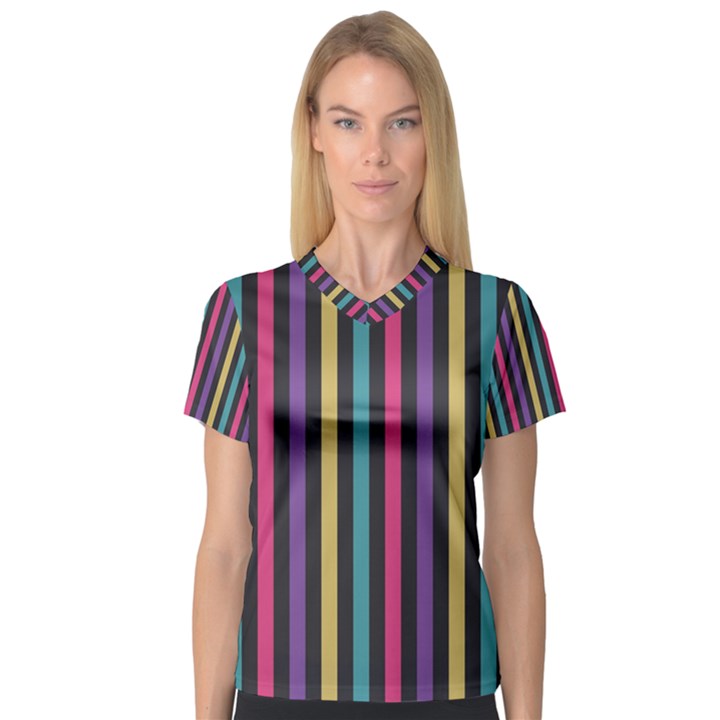 Stripes Colorful Multi Colored Bright Stripes Wallpaper Background Pattern Women s V-Neck Sport Mesh Tee