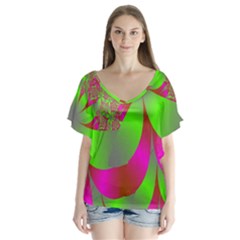 Green And Pink Fractal Flutter Sleeve Top by Simbadda