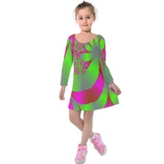 Green And Pink Fractal Kids  Long Sleeve Velvet Dress