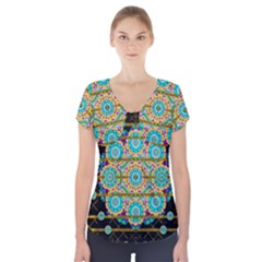 Gold Silver And Bloom Mandala Short Sleeve Front Detail Top by pepitasart