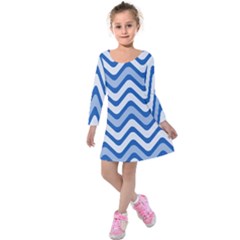 Background Of Blue Wavy Lines Kids  Long Sleeve Velvet Dress