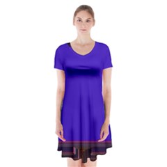 Blue Fractal Square Button Short Sleeve V-neck Flare Dress by Simbadda