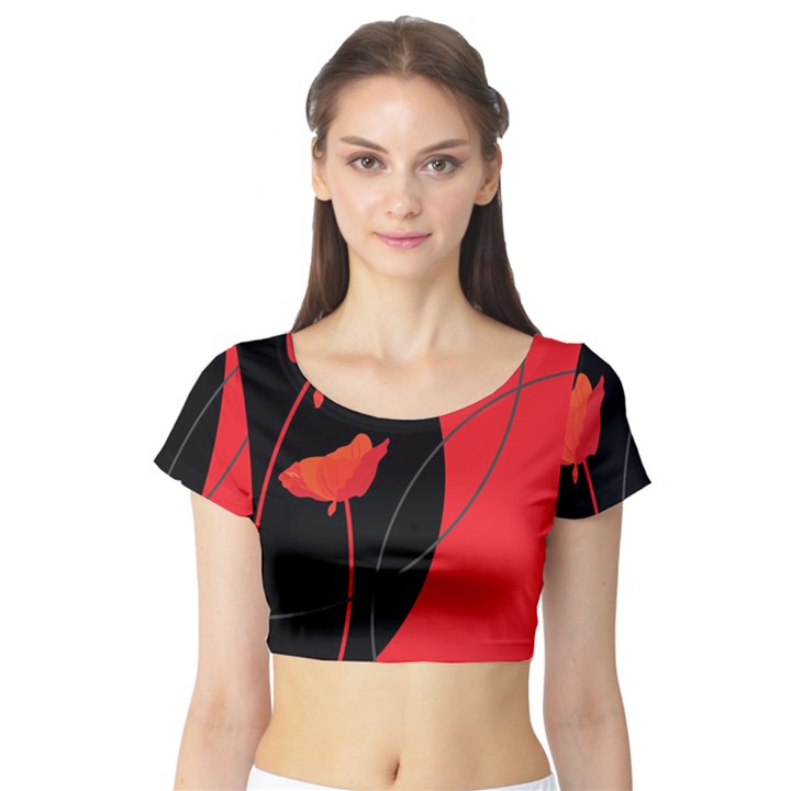 Flower Floral Red Black Sakura Line Short Sleeve Crop Top (Tight Fit)