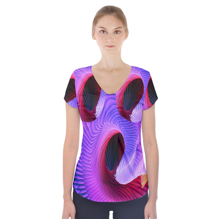 Digital Art Spirals Wave Waves Chevron Red Purple Blue Pink Short Sleeve Front Detail Top