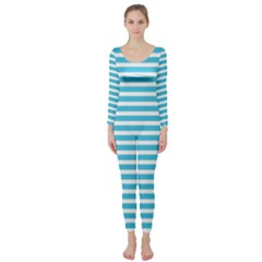 Horizontal Stripes Blue Long Sleeve Catsuit