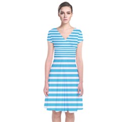 Horizontal Stripes Blue Short Sleeve Front Wrap Dress by Mariart