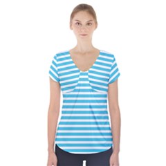 Horizontal Stripes Blue Short Sleeve Front Detail Top by Mariart