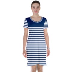 Horizontal Stripes Blue White Line Short Sleeve Nightdress