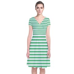 Horizontal Stripes Green Short Sleeve Front Wrap Dress