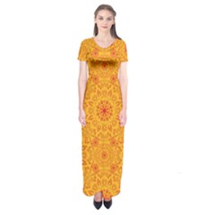 Solar Mandala  Orange Rangoli  Short Sleeve Maxi Dress by bunart