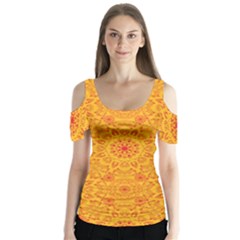 Solar Mandala  Orange Rangoli  Butterfly Sleeve Cutout Tee 