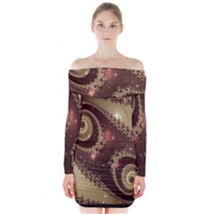 Space Fractal Abstraction Digital Computer Graphic Long Sleeve Off Shoulder Dress by Simbadda