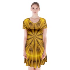 Fractal Yellow Kaleidoscope Lyapunov Short Sleeve V-neck Flare Dress by Simbadda