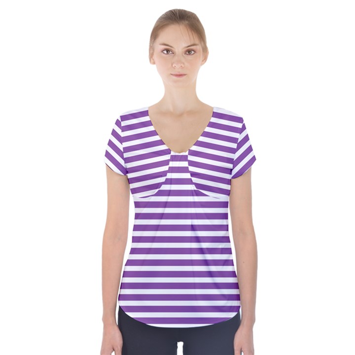 Horizontal Stripes Purple Short Sleeve Front Detail Top