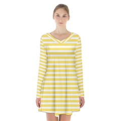 Horizontal Stripes Yellow Long Sleeve Velvet V-neck Dress