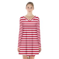 Horizontal Stripes Red Long Sleeve Velvet V-neck Dress