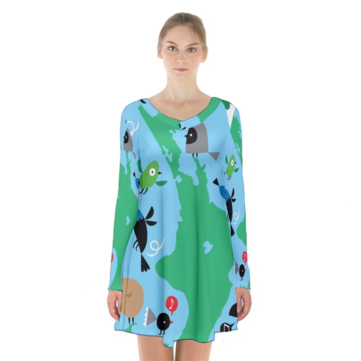 New Zealand Birds Detail Animals Fly Long Sleeve Velvet V-neck Dress