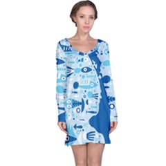 New Zealand Fish Detail Blue Sea Shark Long Sleeve Nightdress by Mariart