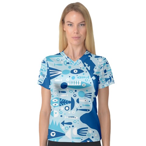 New Zealand Fish Detail Blue Sea Shark Women s V-neck Sport Mesh Tee by Mariart