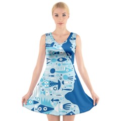 New Zealand Fish Detail Blue Sea Shark V-neck Sleeveless Skater Dress