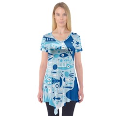 New Zealand Fish Detail Blue Sea Shark Short Sleeve Tunic  by Mariart