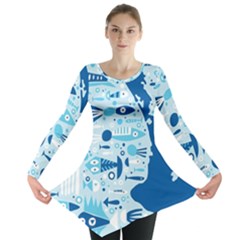 New Zealand Fish Detail Blue Sea Shark Long Sleeve Tunic  by Mariart