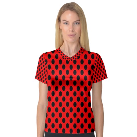 Polka Dot Black Red Hole Backgrounds Women s V-neck Sport Mesh Tee by Mariart