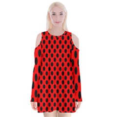 Polka Dot Black Red Hole Backgrounds Velvet Long Sleeve Shoulder Cutout Dress by Mariart