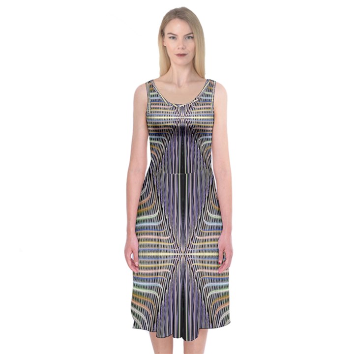 Color Fractal Symmetric Wave Lines Midi Sleeveless Dress