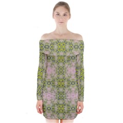 Digital Computer Graphic Seamless Wallpaper Long Sleeve Off Shoulder Dress by Simbadda