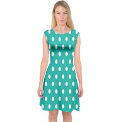 Polka Dots White Blue Capsleeve Midi Dress by Mariart