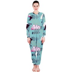 Rain Clouds Umbrella Blue Sky Pink Onepiece Jumpsuit (ladies)  by Mariart