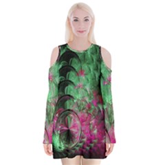 Pink And Green Shapes Make A Pretty Fractal Image Velvet Long Sleeve Shoulder Cutout Dress