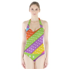 Colorful Easter Ribbon Background Halter Swimsuit by Simbadda