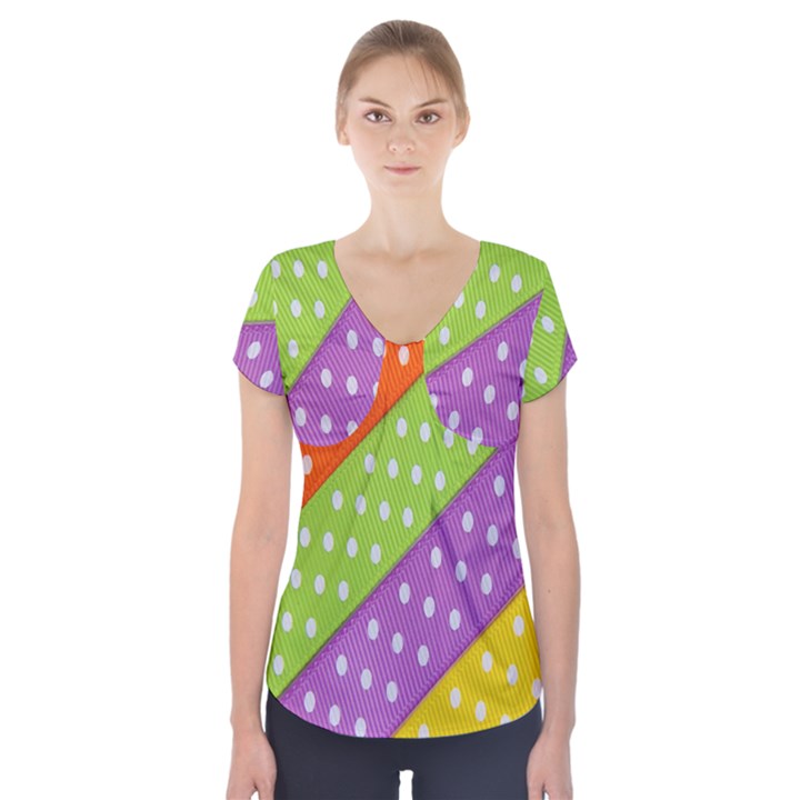 Colorful Easter Ribbon Background Short Sleeve Front Detail Top
