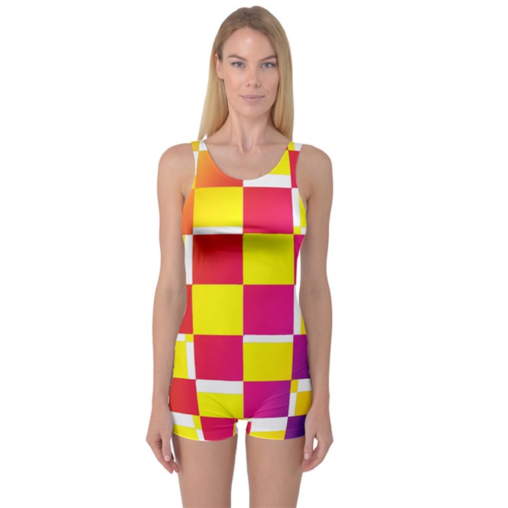Squares Colored Background One Piece Boyleg Swimsuit