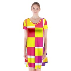 Squares Colored Background Short Sleeve V-neck Flare Dress by Simbadda