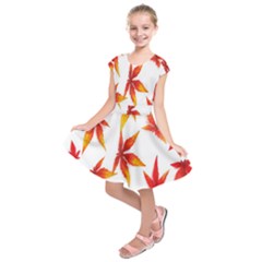 Colorful Autumn Leaves On White Background Kids  Short Sleeve Dress
