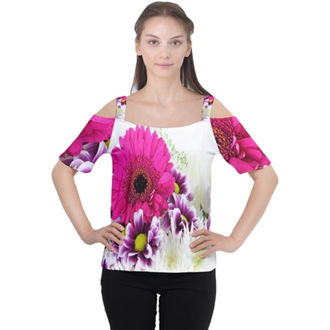 Pink Purple And White Flower Bouquet Women s Cutout Shoulder Tee by Simbadda