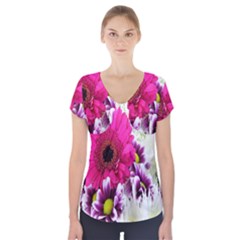 Pink Purple And White Flower Bouquet Short Sleeve Front Detail Top