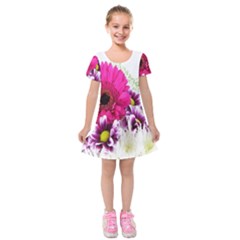 Pink Purple And White Flower Bouquet Kids  Short Sleeve Velvet Dress by Simbadda