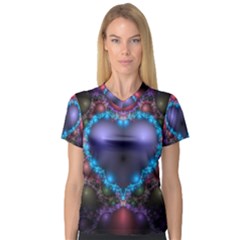 Blue Heart Fractal Image With Help From A Script Women s V-Neck Sport Mesh Tee