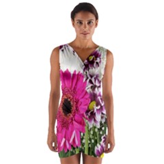 Purple White Flower Bouquet Wrap Front Bodycon Dress by Simbadda