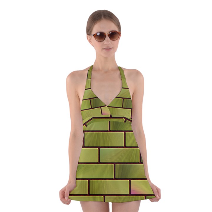 Modern Green Bricks Background Image Halter Swimsuit Dress