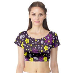 Flowers Floral Background Colorful Vintage Retro Busy Wallpaper Short Sleeve Crop Top (tight Fit) by Simbadda