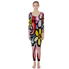 Digitally Painted Abstract Doodle Texture Long Sleeve Catsuit by Simbadda