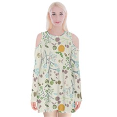 Floral Kraft Seamless Pattern Velvet Long Sleeve Shoulder Cutout Dress by Simbadda